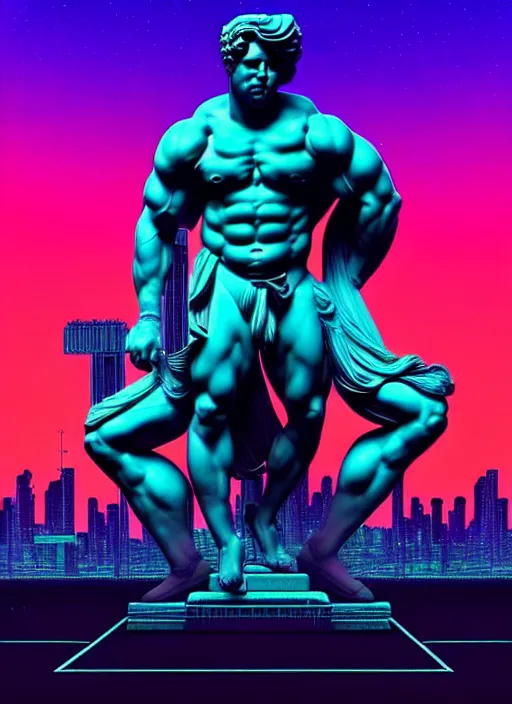 Prompt: statue of hercules, beeple, android jones, liam wong, ( ( ( ( ( dan mumford ) ) ) ) ), vaporwave, retrowave, black background, neon wiring, black, glitch, strong contrast, cuts, pinterest, trending on artstation