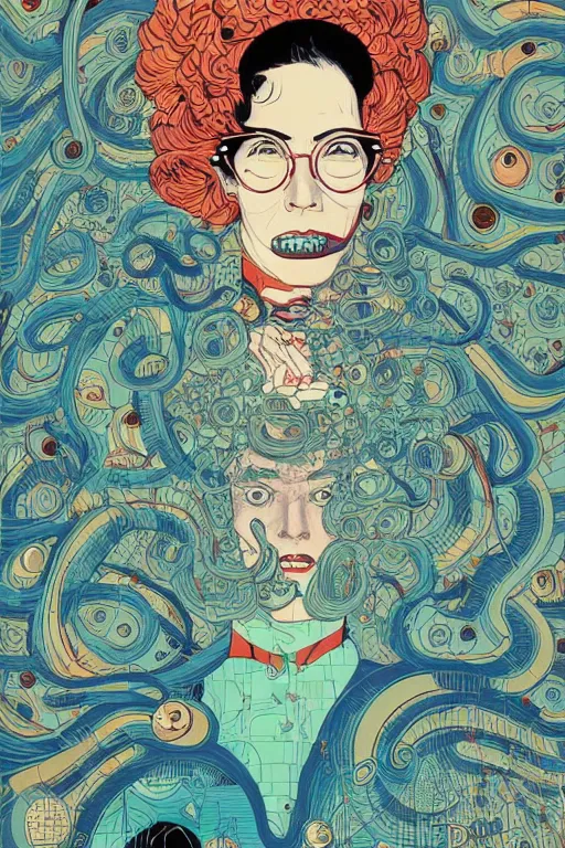 Image similar to portrait of mad lady scientist, stylized illustration by victo ngai, james jean, colorful comics style,