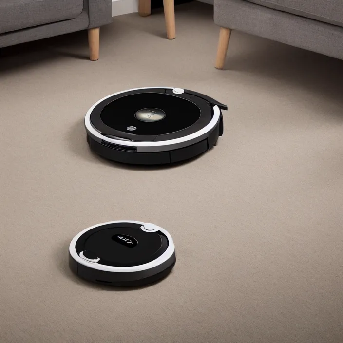 Image similar to A Roomba with a four stand legs with wheels just like a table, product advertising, professional advertising, studio quality product