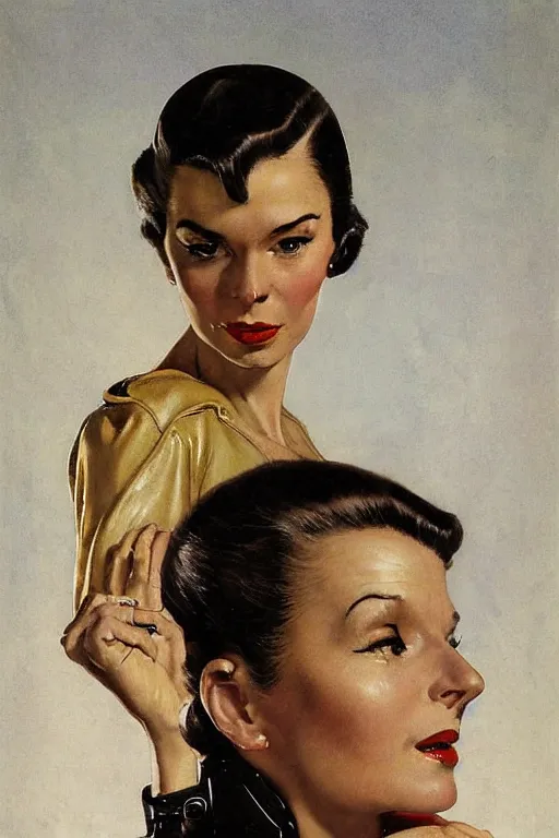 Prompt: 5 0 s pulp scifi fantasy head and shoulders portrait striking elegant mature woman in leather spacesuit by norman rockwell, roberto ferri, daniel gerhartz, edd cartier, jack kirby, howard v brown, ruan jia, tom lovell, frank r paul, jacob collins, dean cornwell, astounding stories, amazing, fantasy, other worlds