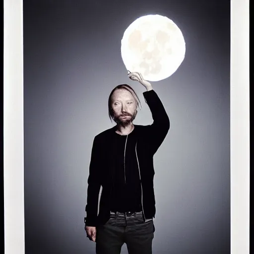 Image similar to old aged Thom Yorke, Radiohead singer Thom Yorke, holding the moon upon a stick, with a beard and a black jacket, a portrait by John E. Berninger, dribble, neo-expressionism, uhd image, studio portrait, 1990s