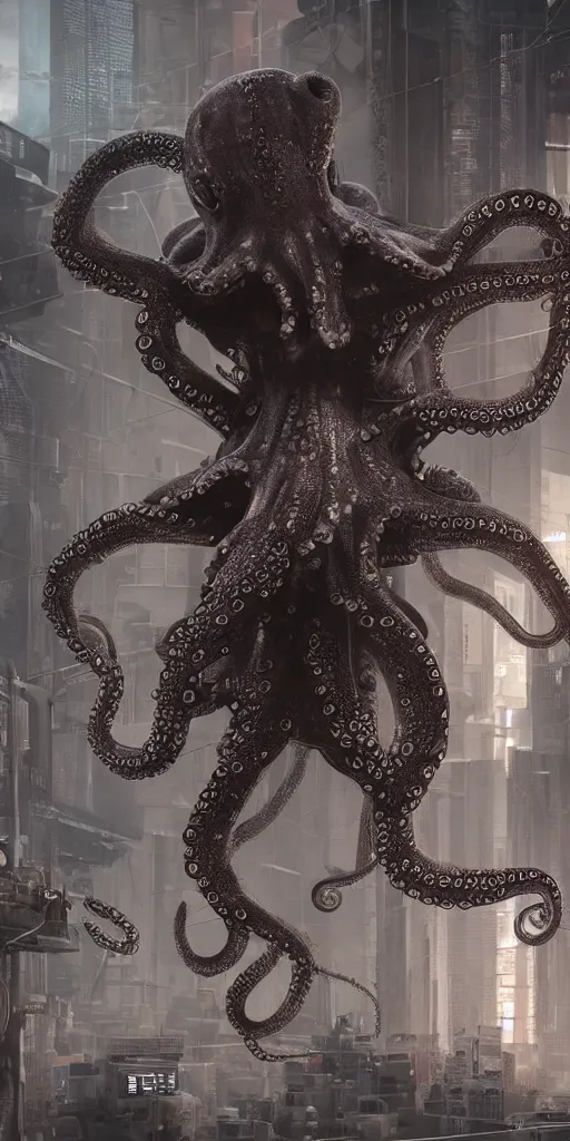 Image similar to hyperrealism, detailed textures, photorealistic 3 d cyberpunk octopus in apocalyptic city, futuristic clothing and helmet, ultra realistic, cinematic, intricate, cinematic light, unreal engine 8 k