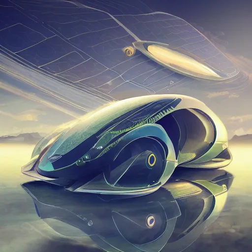 Image similar to solarpunk hovercar, clean energy, green technology, batoidea shape, airspace, sunny day, futurism, intricate, engines, glow, highly detailed, peaceful, utopia, bright, digital painting, artstation, concept art, smooth, sharp focus, epic landscape, art by akihiko yoshida and tim mcburnie and anato finnstark