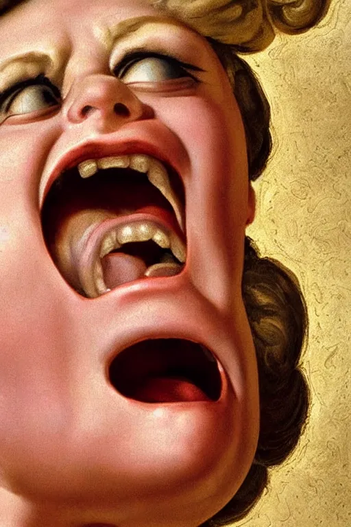 Image similar to beautiful woman, screaming face, closeup, dressed in roman clothes, ultra detailed, art by Guido Reni style