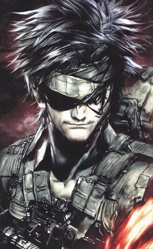 Image similar to solid snake by yoshitaka amano, final fantasy metal gear cover art, concept art