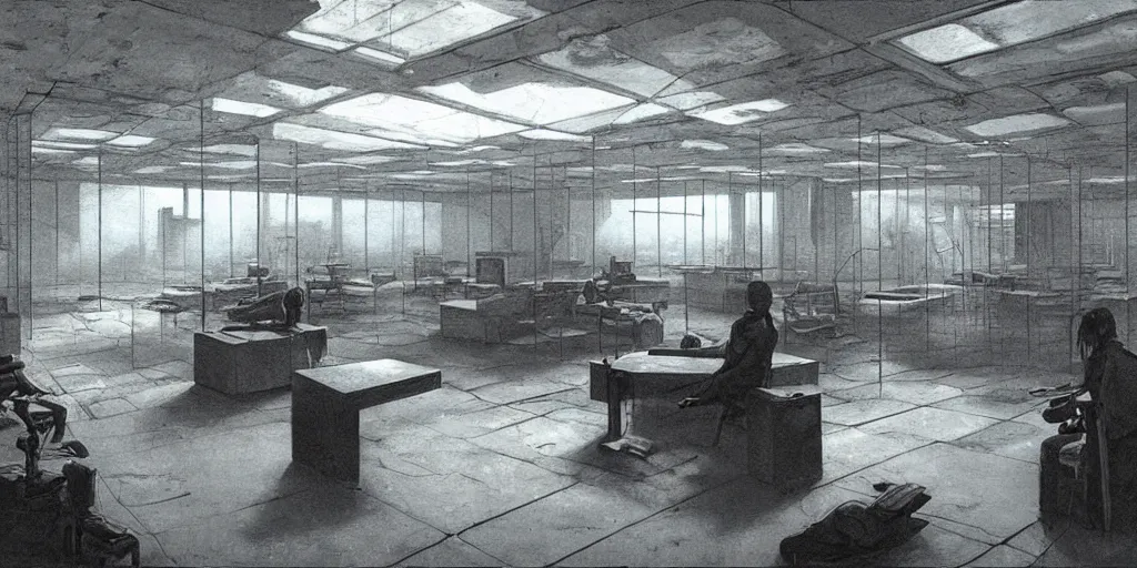 Image similar to a dystopian office interior with huge holographic displays everywhere, beksinski and syd mead cinematic matte painting