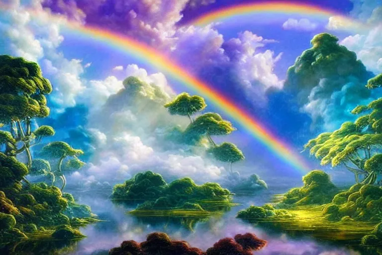 Image similar to a huge ultra detailed flock of many smooth puffy sculptural whirling elegant clouds with turning gemstone crystal sculptures, art nouveau jungle environment, soothing, crepuscular rays, rainbows, award winning art, epic dreamlike fantasy landscape, ultra realistic,