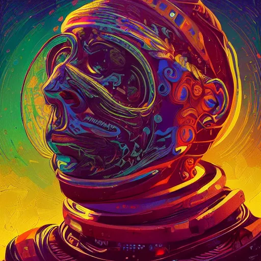 Image similar to An extremely psychedelic experience, colorful, surreal, dramatic lighting, cosmonaut, LSD, face, detailed, intricate, elegant, highly detailed, digital painting, artstation, concept art, smooth, sharp focus, illustration, art by Sam Spratt, Dan Mumford, Artem Demura and Alphonse Mucha