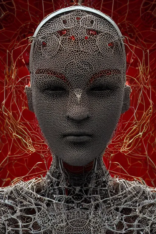 Image similar to a melancholic realistic 8k Sculpture of a complex robotic human face, liquid simulation, bright psychedelic color, dramatic lighting, silver gold red details, hexagonal mesh wire, filigree intricate details, cinematic, fleshy musculature, white blossoms, elegant, octane render, art nouveau, 8k post-processing, intricate art by John Collier and Albert Aublet and Krenz Cushart and Artem Demura and Alphonse Mucha