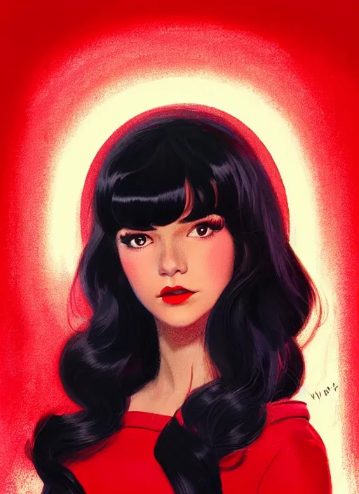 Image similar to portrait of veronica lodge with bangs, 1 9 6 0 s, long hair, red clothes, bangs, intricate, elegant, glowing lights, highly detailed, digital painting, artstation, concept art, smooth, sharp focus, illustration, art by wlop, mars ravelo and greg rutkowski