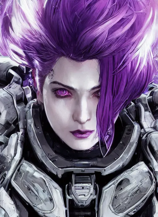 Image similar to close up portrait of a pale woman in sci - fi power armor with purple hair, powerful, domineering, stoic, masterful, intense, ultrafine hyperdetailed illustration by kim jung gi, irakli nadar, intricate linework, sharp focus, octopath traveler, yoji shinkawa, highly rendered, detailed, concept art