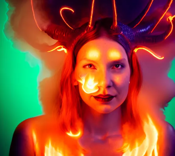 Prompt: portrait of a woman with flaming horns in the wisps of thick smoke, looking into the camera, studio photography, studio lighting, realistic render, octane render, 4 k, 8 k, glowing green eyes, face in focus