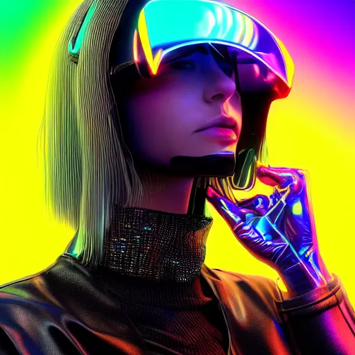 Prompt: portrait of a beautiful cyberpunk woman wearing a black leather jacket and a holographic visor. cyborg, sci - fi, stylish, colourful, digital painting, artstation, mood lighting, neon, vivid colour, sharp focus, reflections, film grain, depth of field