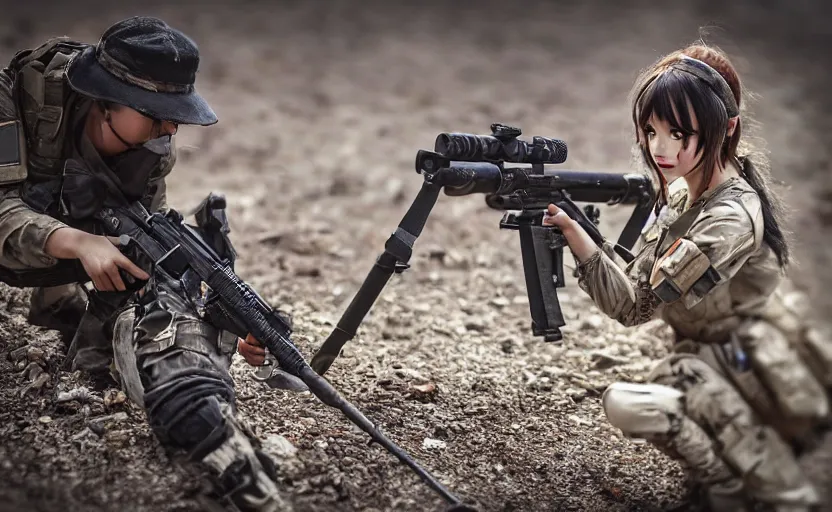 Prompt: photo of sniper shot on infantry girl, highly detailed, smoke dirt in background, high resolution, cosplay photo, stunning, girls frontline style, bokeh soft, shot on 7 0 mm, zenithal lightning, trending on instagram, by award winning photographer, real human faces, symmetrical facial features, modern warfare, shot with a professional camera, low saturation