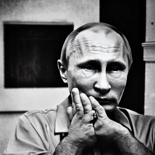 Image similar to a very sad and old wrinkled vladimir putin ( ( in prison clothes sitting on prison bench in prison ) ). detailed professional 3 5 mm black and white photo by don mccullin and anders petersen world press photo award