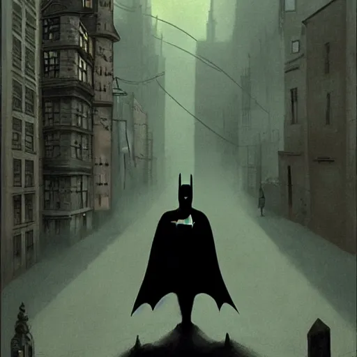 Prompt: Batman on a street in Gotham, in the style of Zdzislaw Beksinski