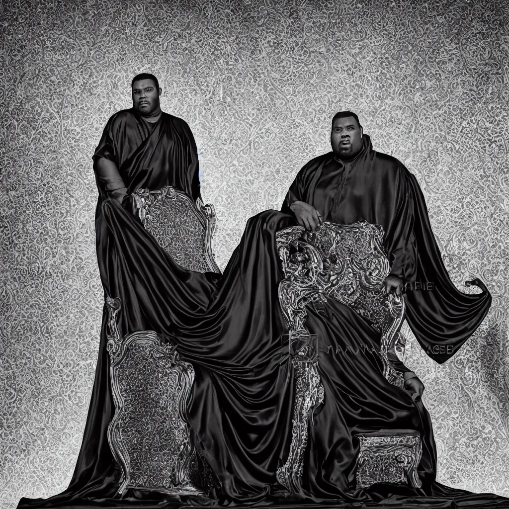 Image similar to one Large black man sitting on throne wrapped in silk, background made of large folding silky curtains, dark, 8K photo realistic, black and white color, dimly lit, top light, dark