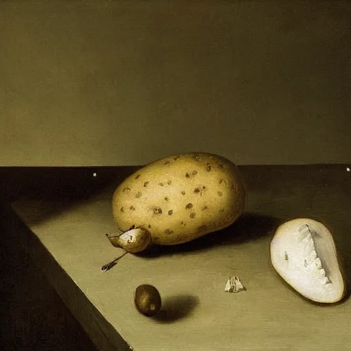 Image similar to vanitas painting of a solitaire potato contemplating it's life thus far, oil on cavnas by Pieter Claesz