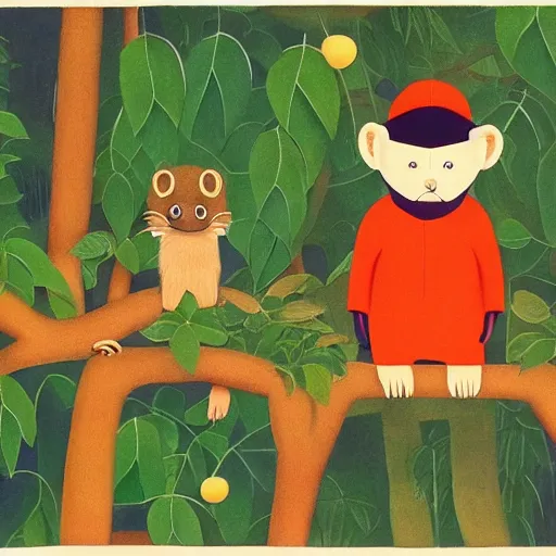 Image similar to a portrait of a minimalist primate in the style of henri rousseau and richard scarry and hiroshi yoshida, cinematic, movie character