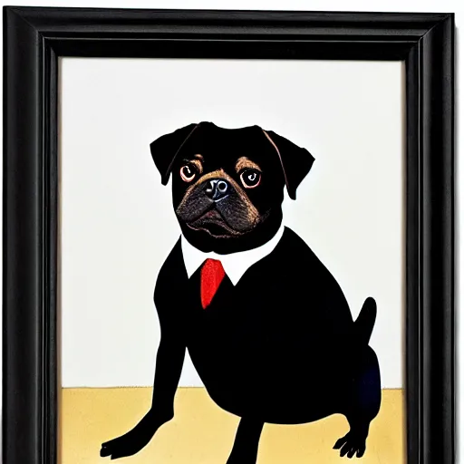 Image similar to a portrait of black pugalier dog wearing suit and tie, by francis bacon