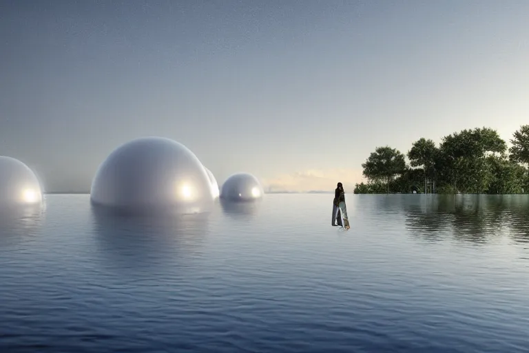 Image similar to many white egg shaped spherical spaces ， like a soap bubble, it depends on each other to form a modern science fiction building ， by pierre bernard, on the calm lake, people's perspective, future, interior wood, marble, award winning, highly detailed 4 k art, dusk, unreal engine highly rendered, global illumination, radial light, internal environment