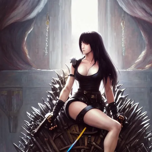 Prompt: a painting of tifa from final fantasy 7 in kings landing from game of thrones, sitting majestic on the iron throne, by greg rutkowski, artgerm, wlop, ruan jia, krenz cushart, alphonse mucha, marble, gold, unreal engine 5