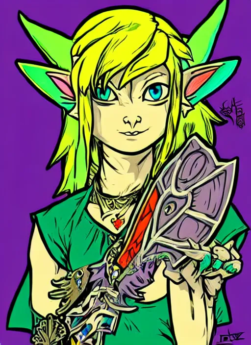 Image similar to fierce diety link from legend of zelda majoras mask!! portrait illustration, pop art, splash painting, art by geof darrow, ashley wood, alphonse mucha, makoto shinkai