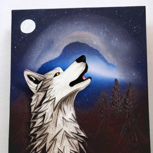 Image similar to wolf made out of wood, howling, realistic, very detailed, night sky,