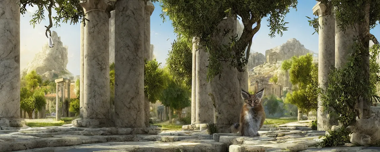 Prompt: cute fluffy caracal wearing toga, in ancient greek town, marble columns, olive trees, sunny, a beautiful landscape by gediminas pranckevicius