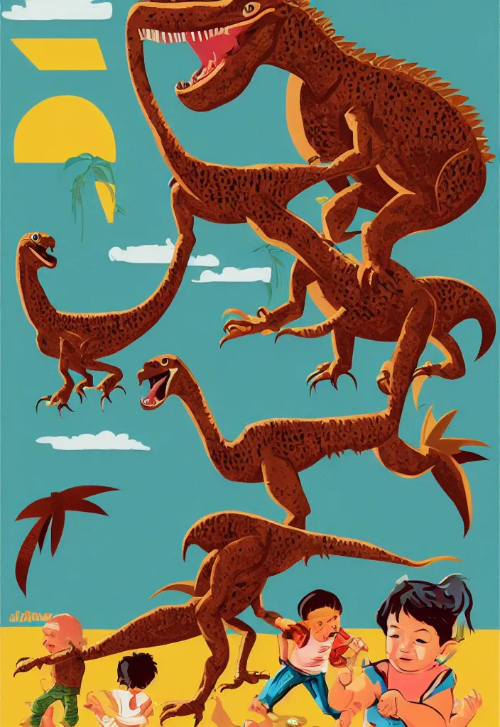 Prompt: a child looking at a velociraptor in the style of a retro poster, movie poster