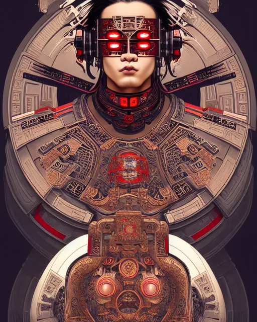 Image similar to portrait of a masculine male cyberpunk machine, machine face, upper half portrait, decorated with chinese opera motifs, asian, fine china, wuxia, traditional chinese art, intricate, elegant, highly detailed, symmetry, headpiece, digital painting, artstation concept art smooth sharp focus, illustration, art by artgerm and greg rutkowski alphonse mucha 8 k