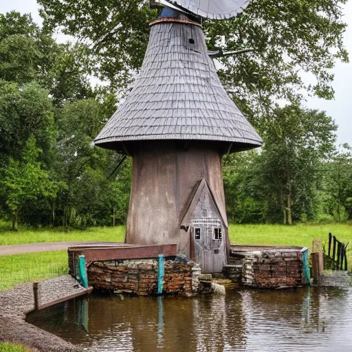 Image similar to a wishing well next to a windmill during a storm