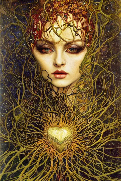 Prompt: Heart of Thorns by Karol Bak, Jean Deville, Gustav Klimt, and Vincent Van Gogh, Surreality, otherworldly, enigma, Helliquary, fractal structures, celestial, arcane, ornate gilded medieval icon, third eye, spirals, rich deep moody colors