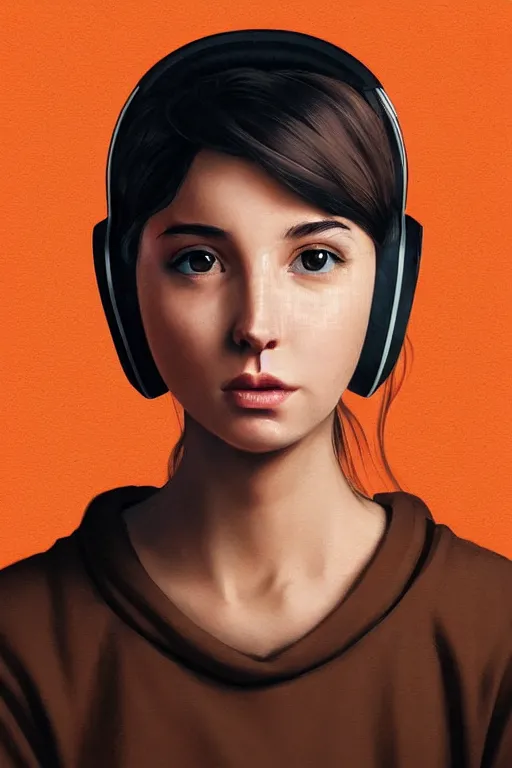 Image similar to portrait georgian girl looking to the right, wearing beats headphones. short brown hair, white jumper. lit from the right side, orange light. centered median photoshop filter cutout vector behance hd artgerm jesper ejsing!