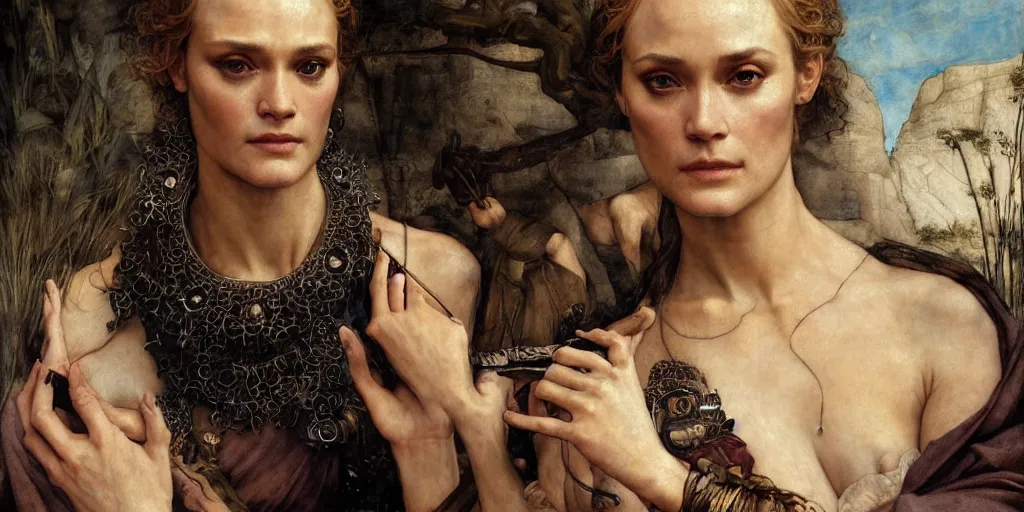 Prompt: recondite Bronze Age of clemency, beautiful Helen of Troy/Diane Kruger, by Edgar Maxence and Caravaggio and Michael Whelan and Caravaggio artistic, watercolor, intricate drawing, light brazen, realistic fantasy, extremely detailed and beautiful aesthetic face, perfect and complete hands and fingers establishing shot, 8k resolution, dramatic lighting