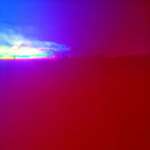 Image similar to combat drone strike war footage, ir, chromatic aberration!!!!!!!!!!!, broken camera colors, iridescent!!!!!!!!! saturated infrared camera, very high contrast, nuclear cloud, high angle vertical, inversed color, clouds, jpeg compression