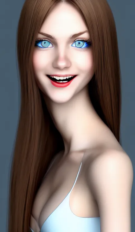 Image similar to professional digital art of a white incredibly !!!!attractive!!!! smiling woman with light brown hair blue eyes, front view, facing camera, wearing tight red dress, very attractive, beautiful face, impressive, smiling, Canon 40mm view, HD, 4k, well composed, best on artstation, cgsociety, wlop, epic, stunning, gorgeous, intricate detail, much wow, masterpiece,