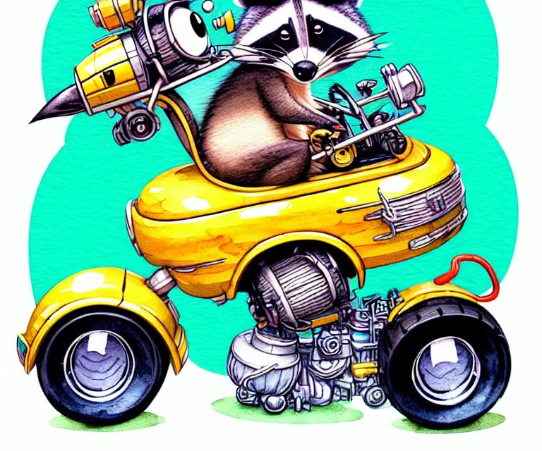 Prompt: cute and funny, racoon wearing a helmet riding in a tiny hot rod with oversized engine, ratfink style by ed roth, centered award winning watercolor pen illustration, isometric illustration by chihiro iwasaki, edited by range murata, tiny details by artgerm and watercolor girl, symmetrically isometrically centered