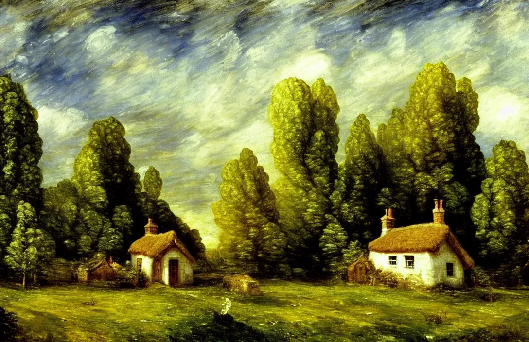 Prompt: small tudor cottage in a field near a pine forest, blue sky, fantasy, concept art, high angle, highly detailed, warm lighting, by john constable