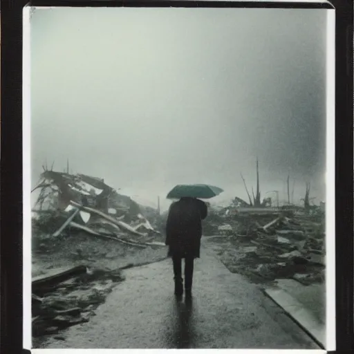 Image similar to old polaroid of a big weird creature walking on a destroyed city, rain, dark sky