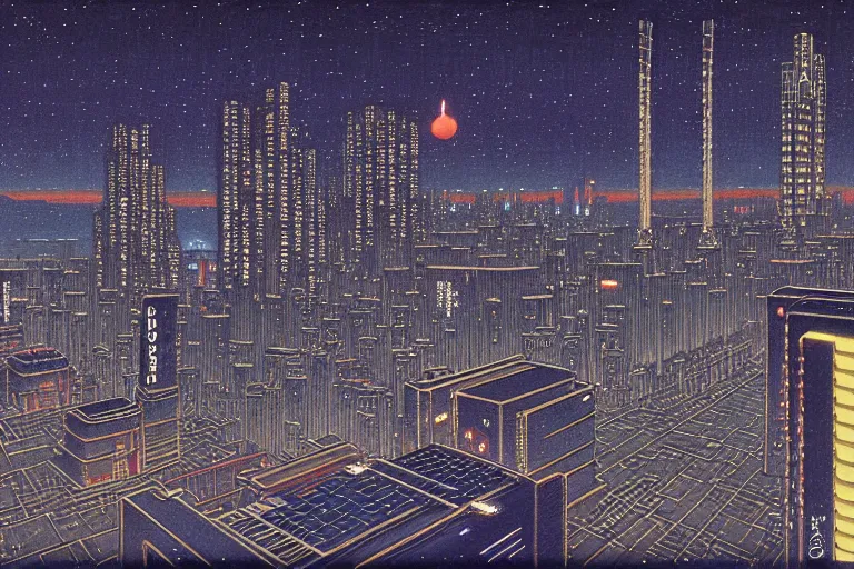 Image similar to a scifi illustration, Night City on Coruscant by hasui kawase