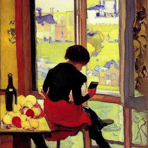 Image similar to a girl with phones on a table sits at a table in a sunny room, the window is open, peaches on a table, by valentin serov