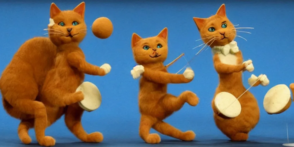 Prompt: a cat dancing on its hind legs, on top of a round ball of Swiss cheese, while playing the fiddle with its paws, in the style of claymation