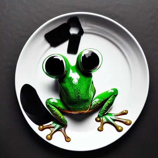 Image similar to frog hovering upside down over a plate with black milk, polaroid photography in style of andrey tarkovski, light caustics, paranormal, spiritual, mystical, sublime