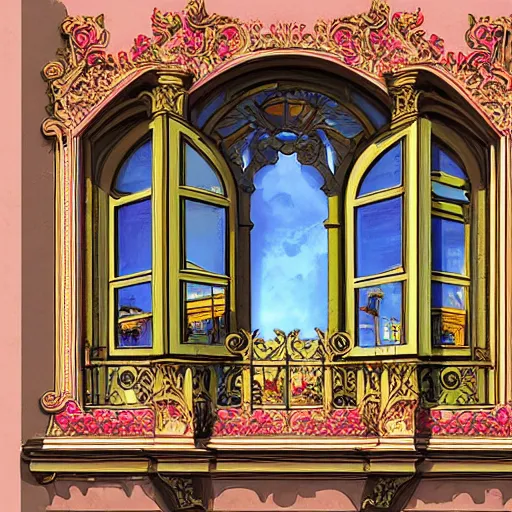 Image similar to digital illustration of a beautiful window open front view, complete window!, realis aesthetic, achenbach, andreas, angelico, fra, bellotto, bernardo, ornate, russian style, colorful architectural drawing, behance contest winner, vintage frame window