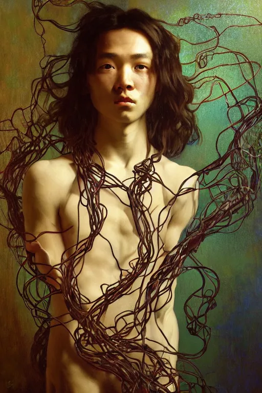 Image similar to hyperrealist portrait of elijah zu bailey, it is decorated with long wires that fall like vines and wears small computers over their body. by jeremy mann and alphonse mucha, fantasy art, photo realistic, dynamic lighting, artstation, poster, volumetric lighting, very detailed faces, 4 k, award winning