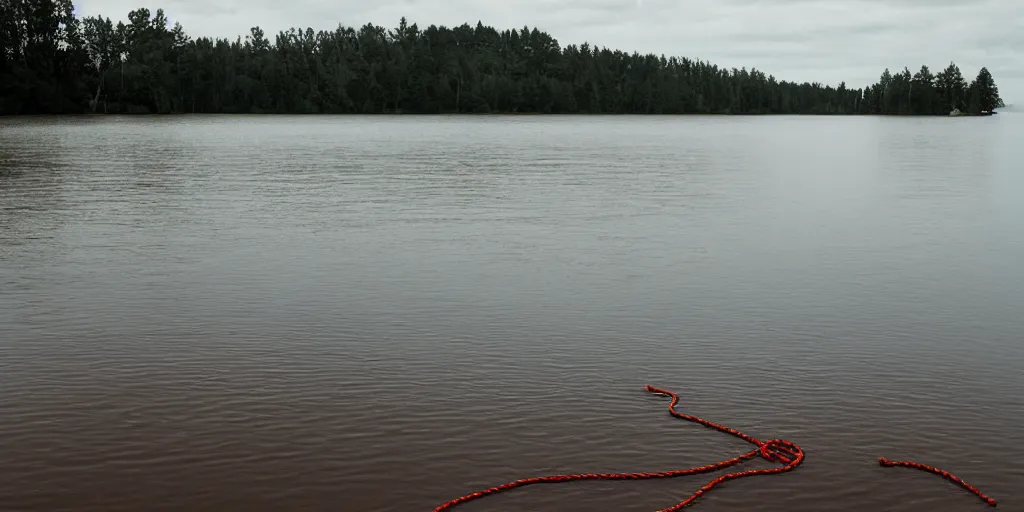 Prompt: centered photograph of a single line of big red brown \ long rope floating on the surface stretching out to the center of the lake, a dark lake sandy shore on a cloudy day, color film, trees in the background, hyper - detailed kodak color film photo, anamorphic lens