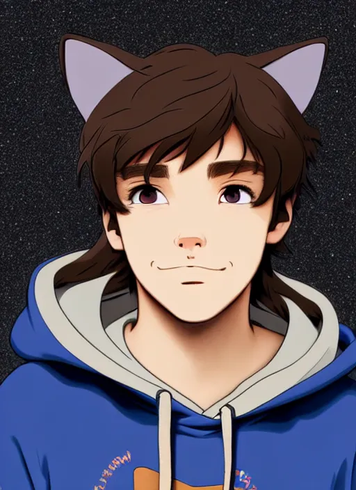 Image similar to teen boy with brown hair and big blue eyes, wearing a black hoodie with cat ears on top of it, natural lighting, path traced, highly detailed, high quality, cartoon, digital painting, by don bluth and ross tran and studio ghibli and alphonse mucha