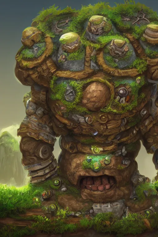 Image similar to zelda fantasy art giant golem troll wood rock greeble gemstone, global illumination ray tracing hdr fanart arstation by sung choi and eric pfeiffer and gabriel garza and casper konefal