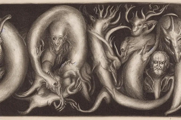 Image similar to portrait mezzotint of a group of mythical monsters and beasts in a squishy style